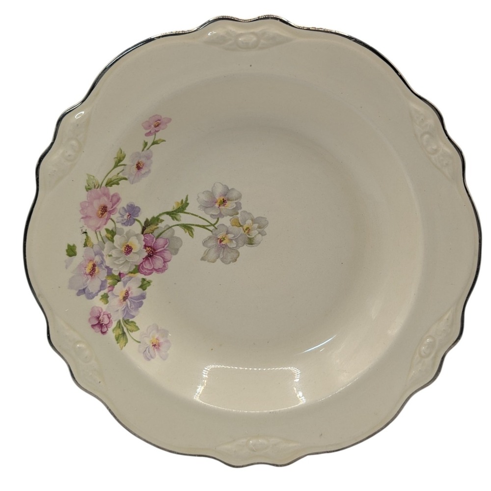 Vintage Homer Laughlin Soup Bowl Virginia Rose Platinum Scalloped Trim 1949‎ USA